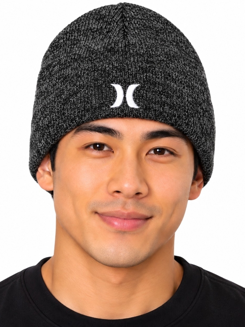HURLEY Black Marled Beanie with White Logo  - SIZE OS NWT